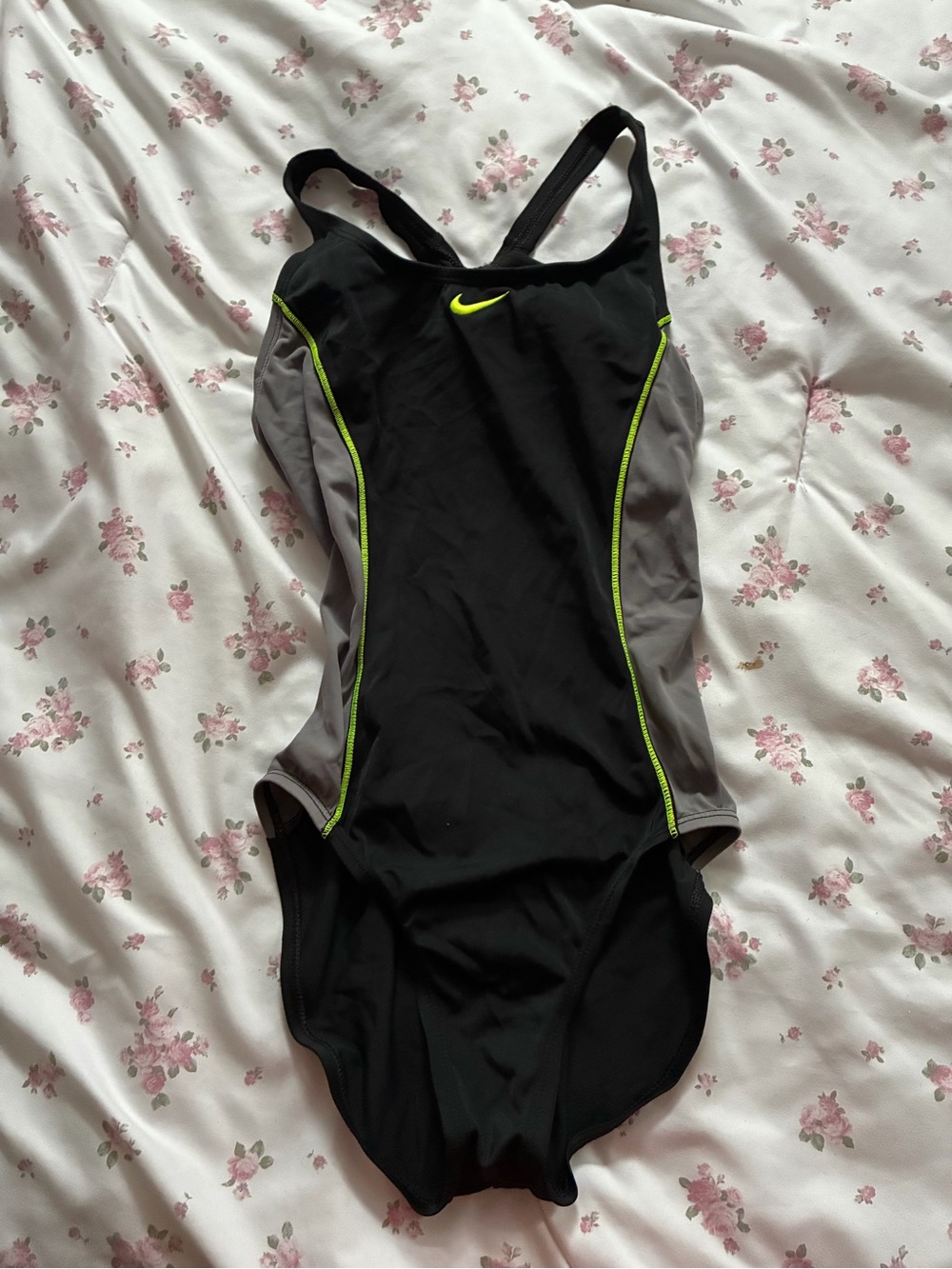 Nike Black & Gray One-Piece Swimsuit with Neon Lime Trim